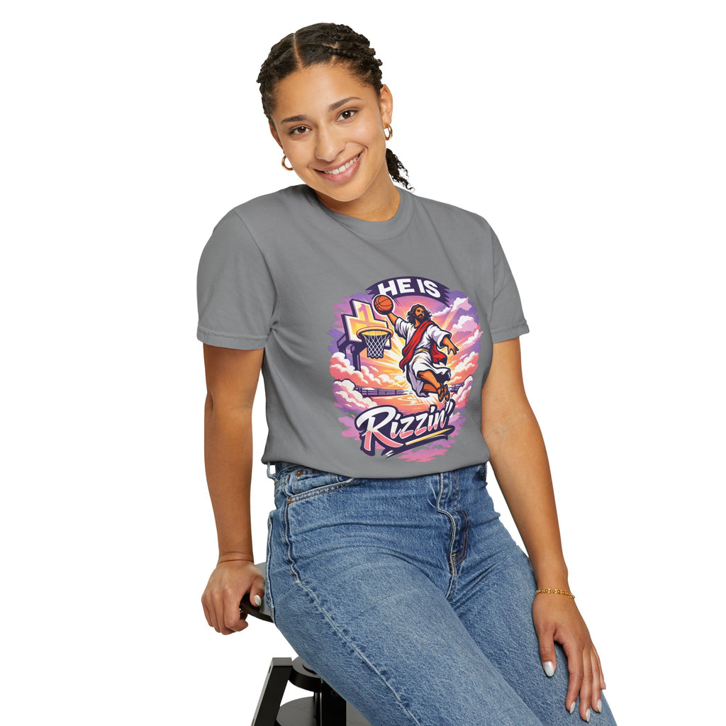 Christian Basketball — "He Is Rizzin'" Resurrection (Easter) -Unisex Comfort Colors