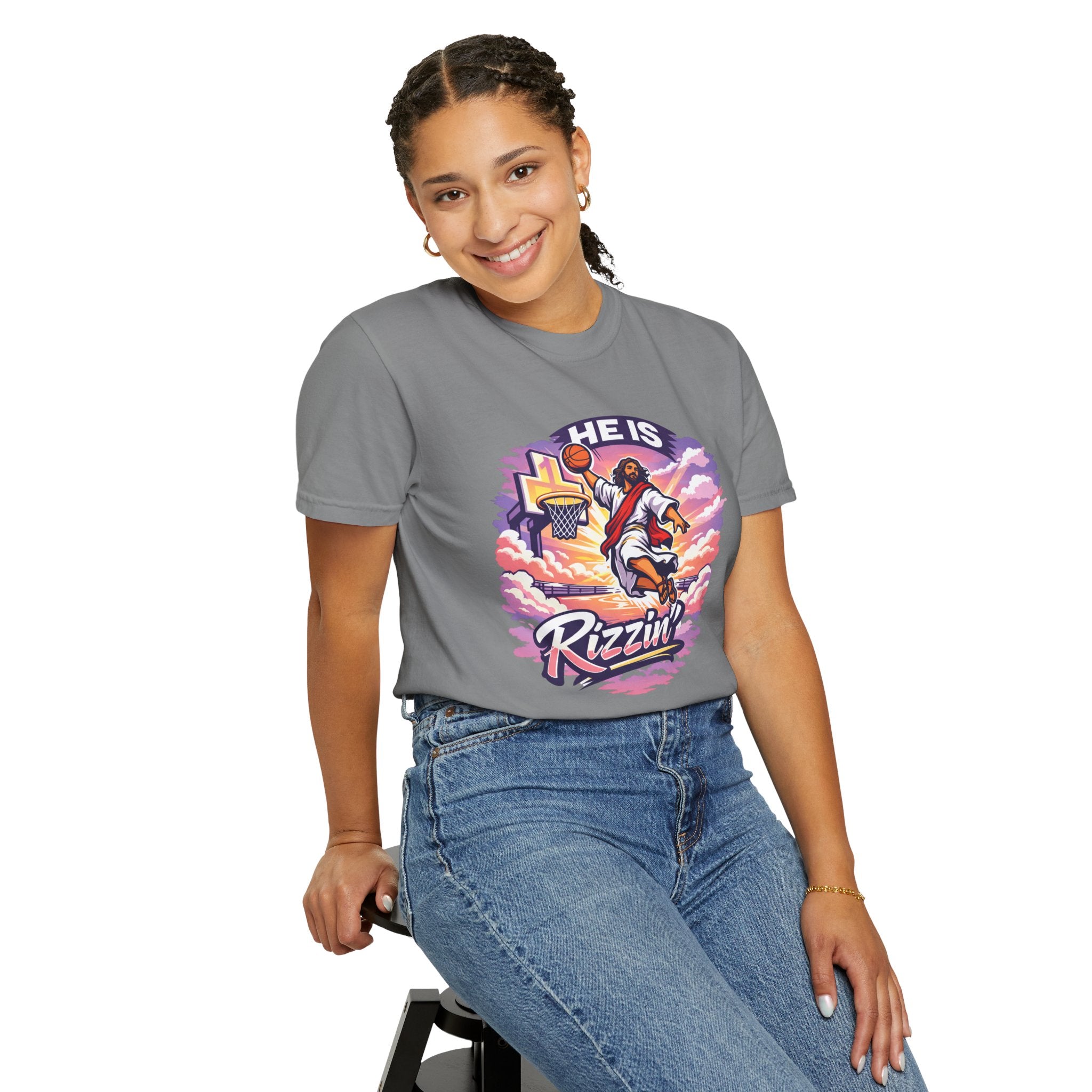 Christian Basketball — "He Is Rizzin'" Resurrection (Easter) -Unisex Comfort Colors