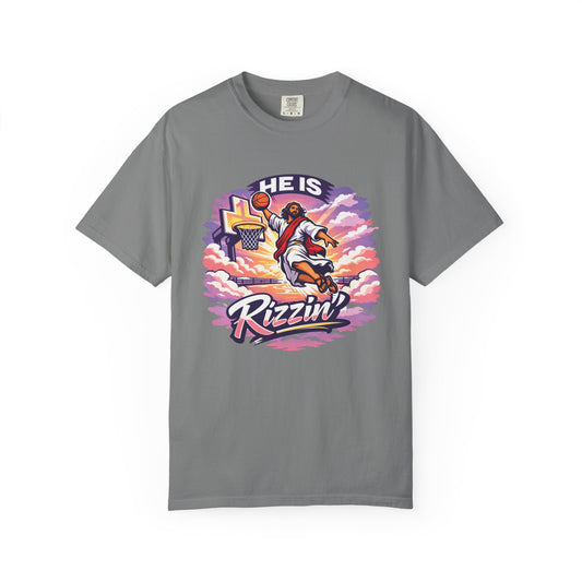 Christian Basketball T-Shirt — "He Is Rizzin'" Resurrection Graphic