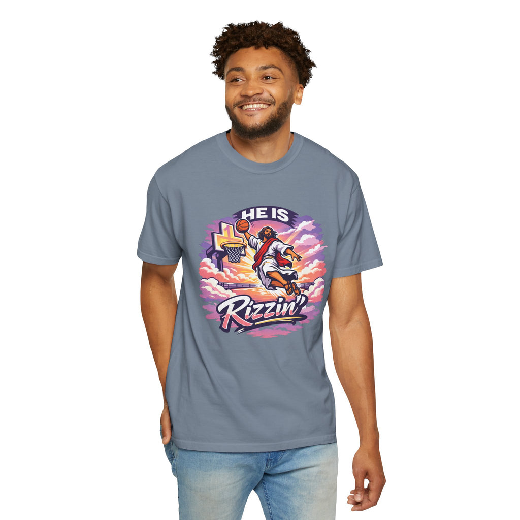 Christian Basketball — "He Is Rizzin'" Resurrection (Easter) -Unisex Comfort Colors
