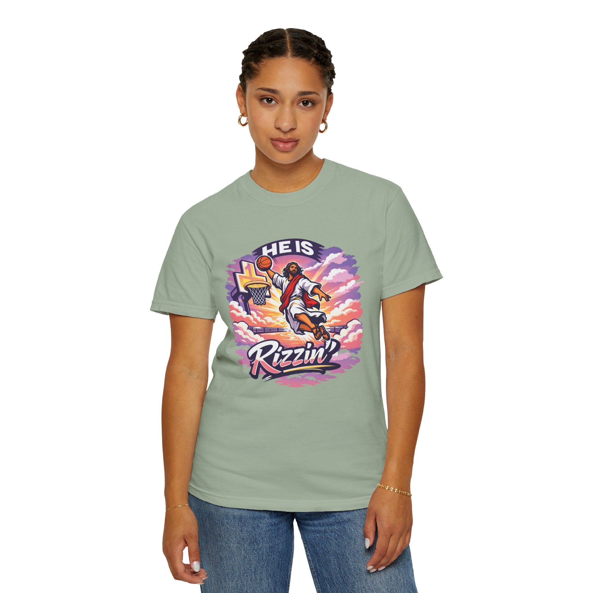 Christian Basketball — "He Is Rizzin'" Resurrection (Easter) -Unisex Comfort Colors