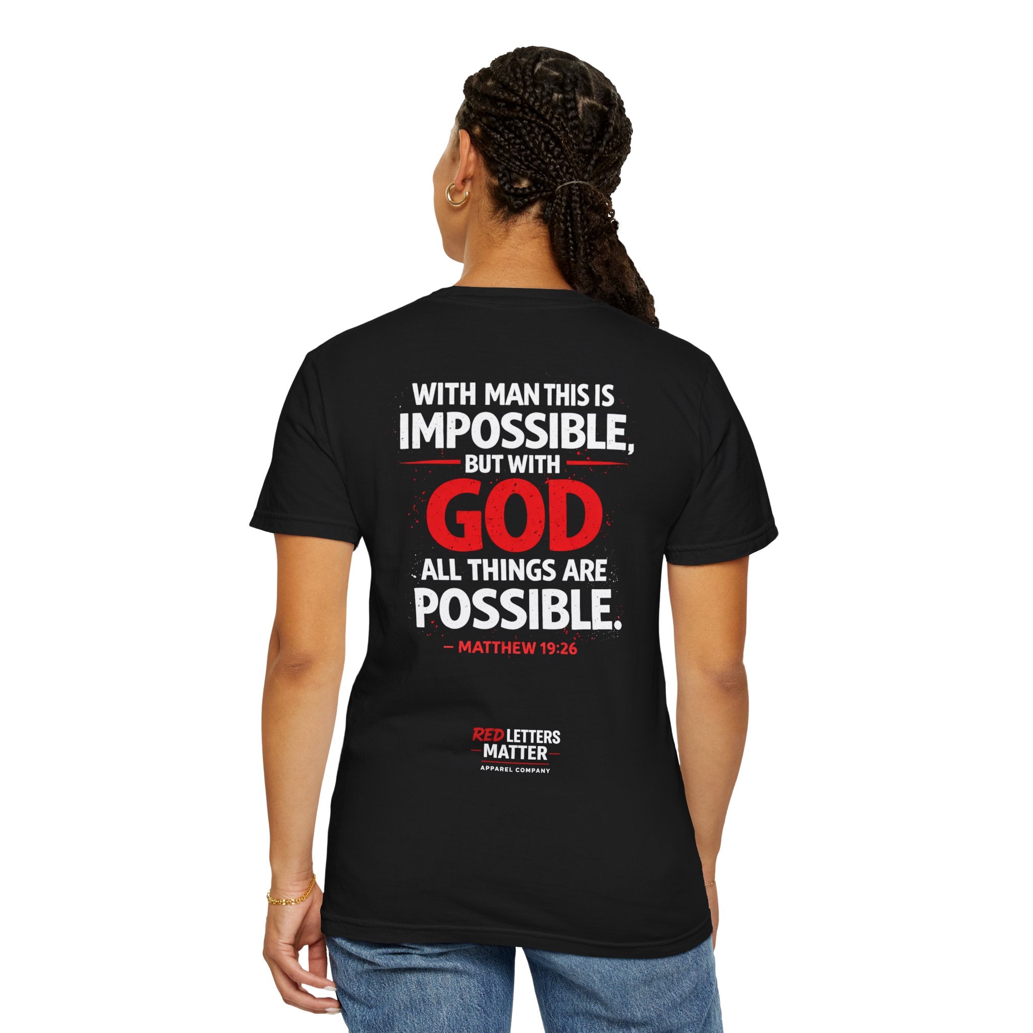 Unisex - Red Letters Matter — Matthew 19:26 Comfort Colors Tee