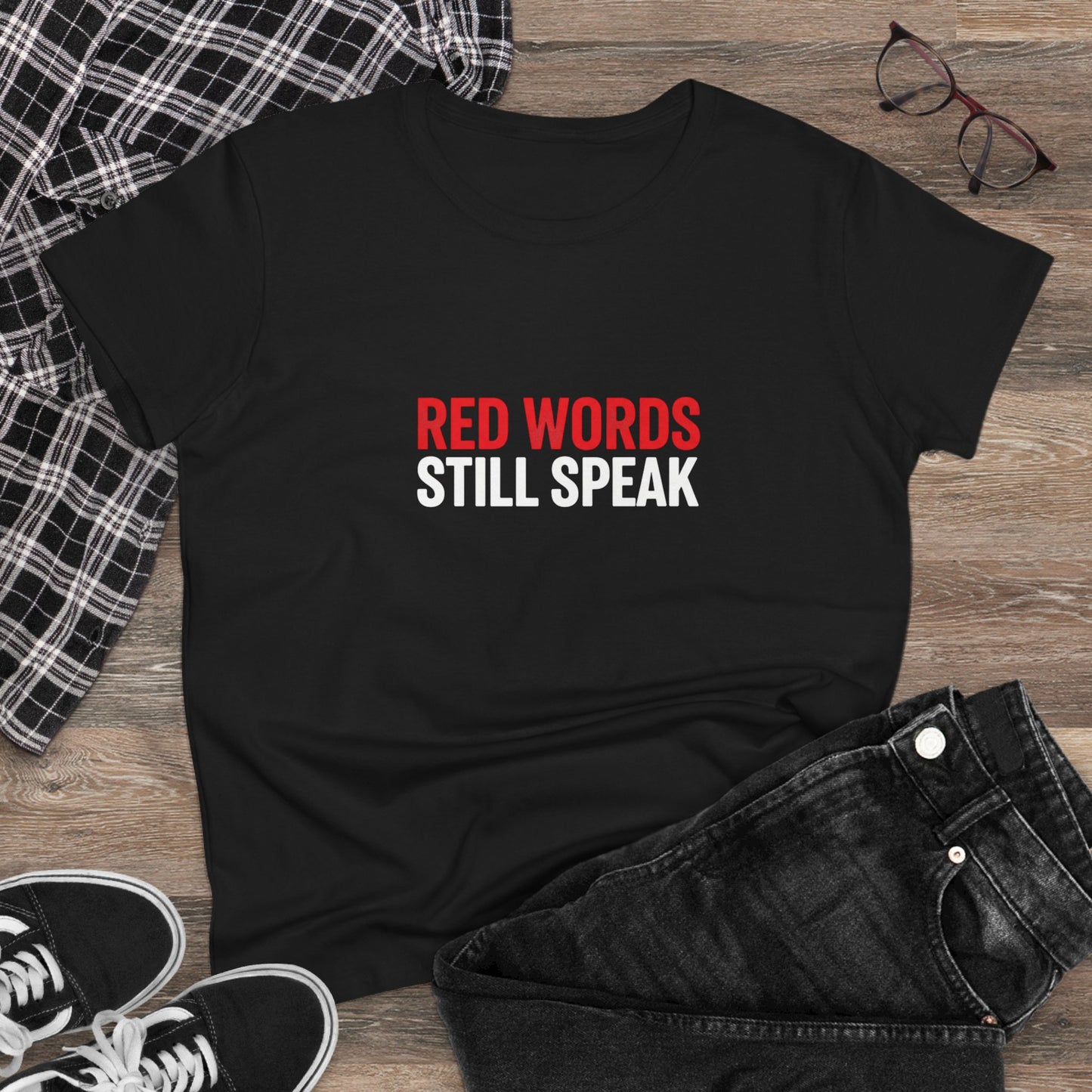 Women's Christian Scripture Tee — "Red Words Still Speak" (Matthew 24:35)