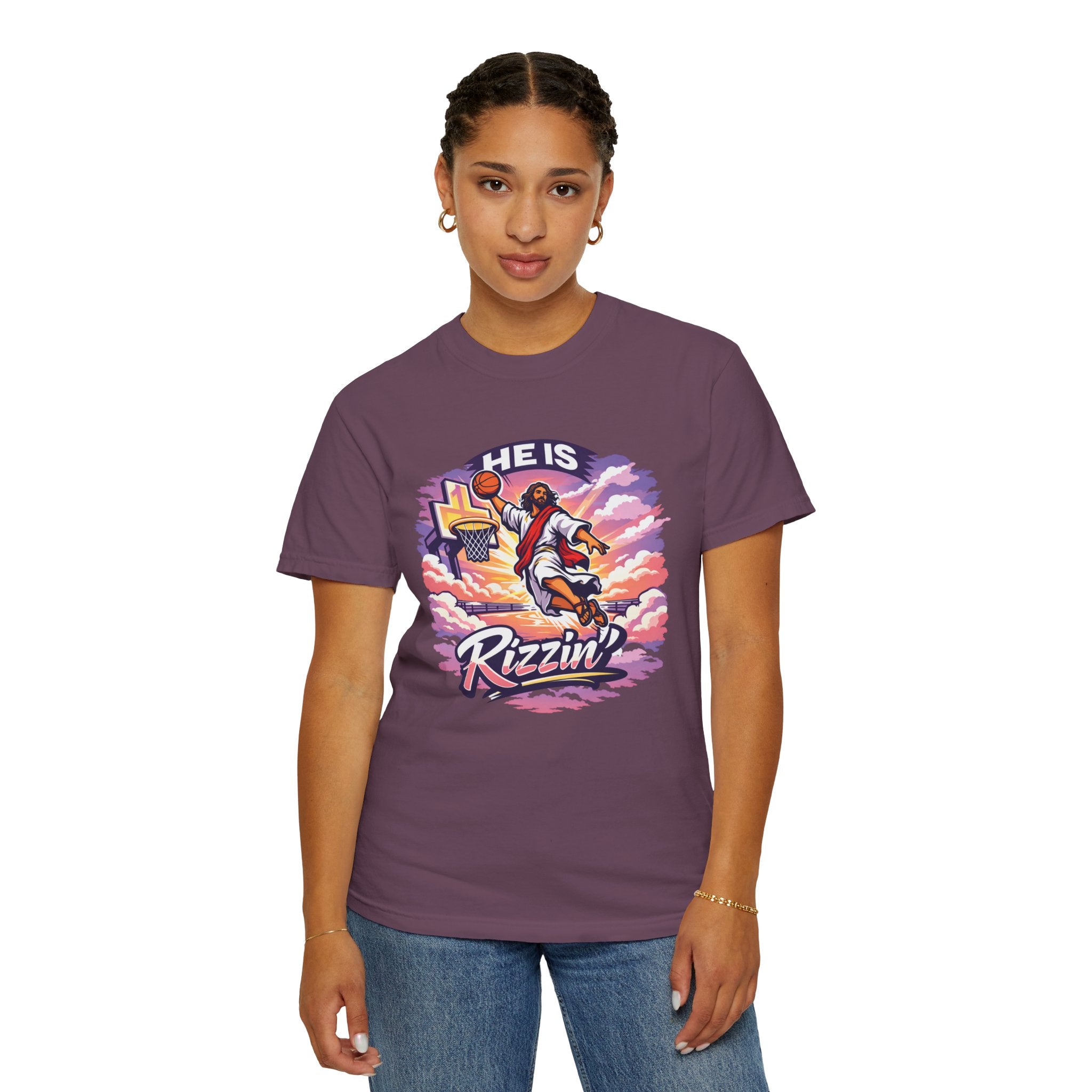 Christian Basketball — "He Is Rizzin'" Resurrection (Easter) -Unisex Comfort Colors