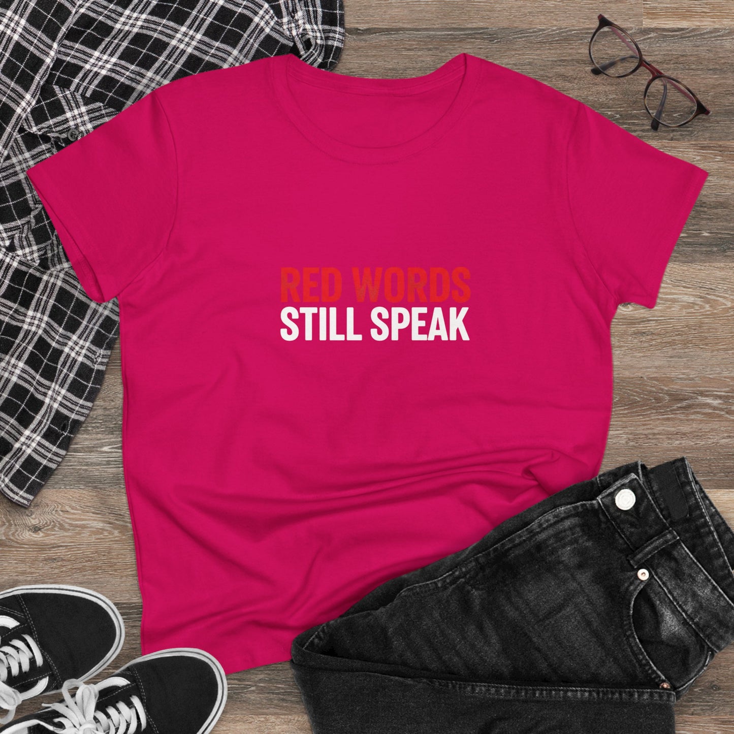 Women's Christian Scripture Tee — "Red Words Still Speak" (Matthew 24:35)