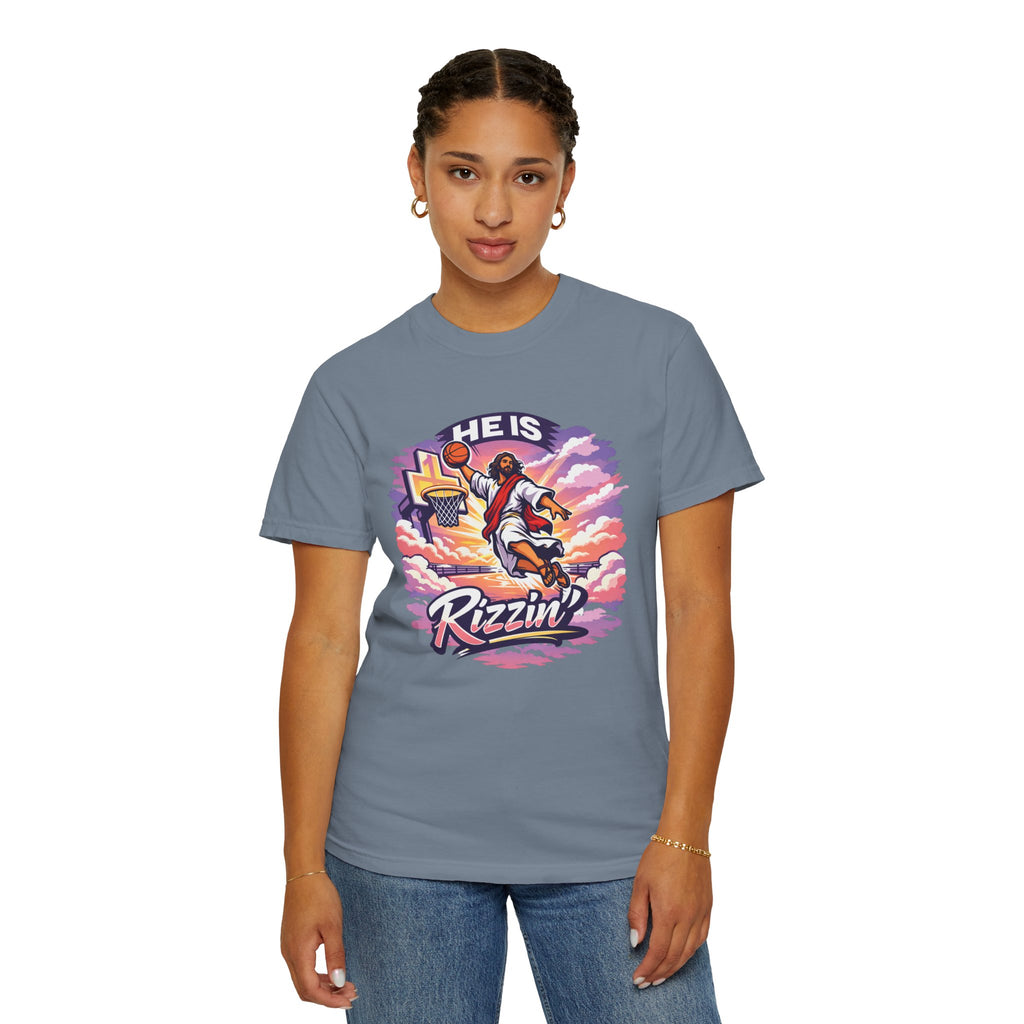 Christian Basketball — "He Is Rizzin'" Resurrection (Easter) -Unisex Comfort Colors