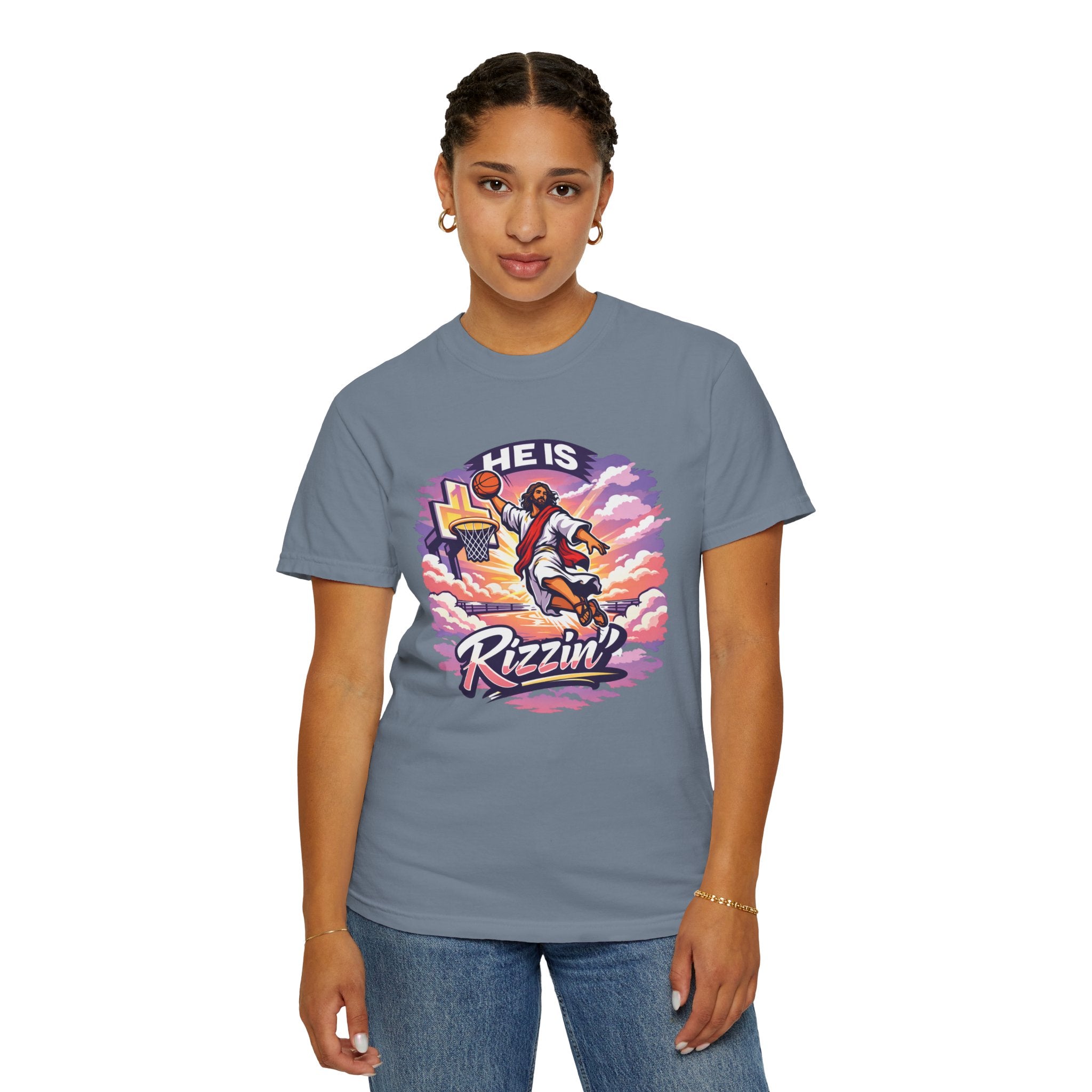 Christian Basketball — "He Is Rizzin'" Resurrection (Easter) -Unisex Comfort Colors