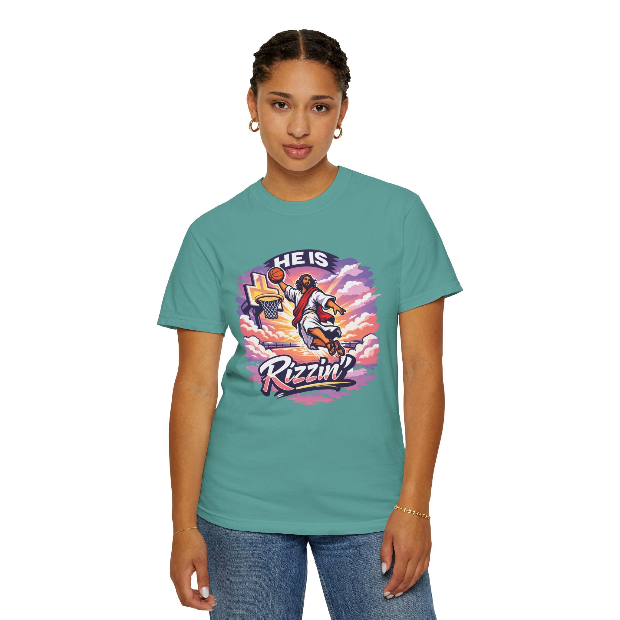 Christian Basketball — "He Is Rizzin'" Resurrection (Easter) -Unisex Comfort Colors