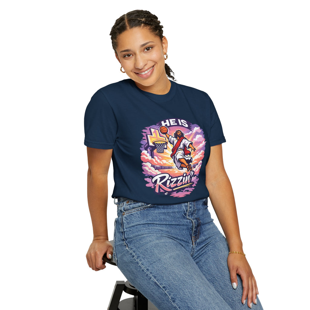 Christian Basketball — "He Is Rizzin'" Resurrection (Easter) -Unisex Comfort Colors
