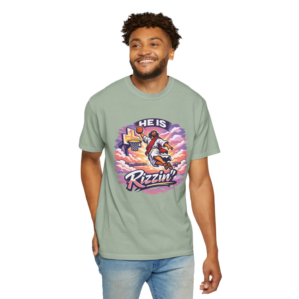 Christian Basketball — "He Is Rizzin'" Resurrection (Easter) -Unisex Comfort Colors