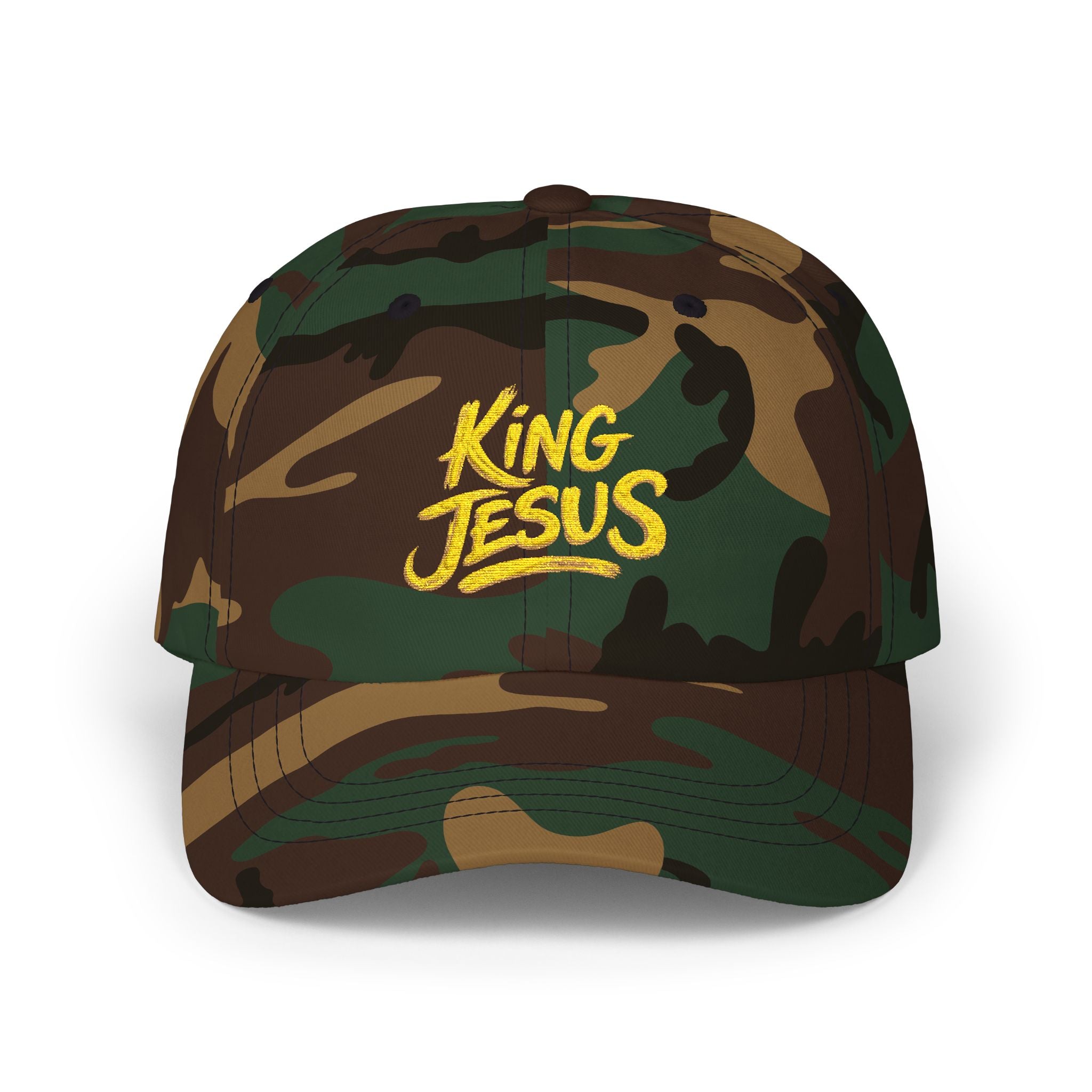 Camo Dad Cap — "King Jesus" Embroidered Christian Baseball Hat
