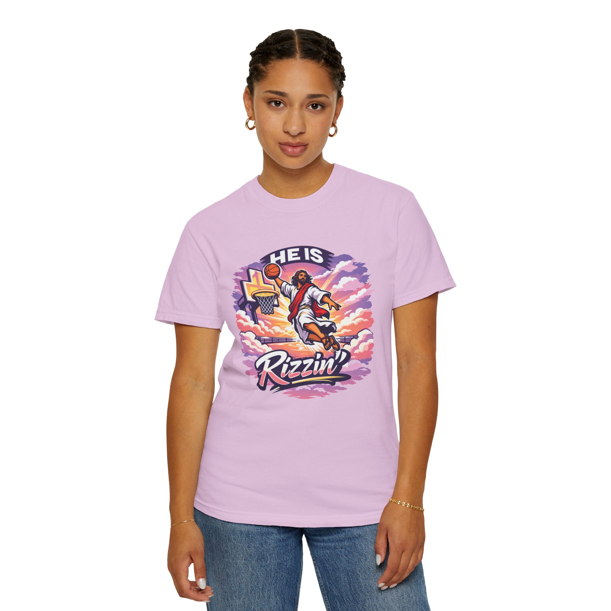 Christian Basketball — "He Is Rizzin'" Resurrection (Easter) -Unisex Comfort Colors