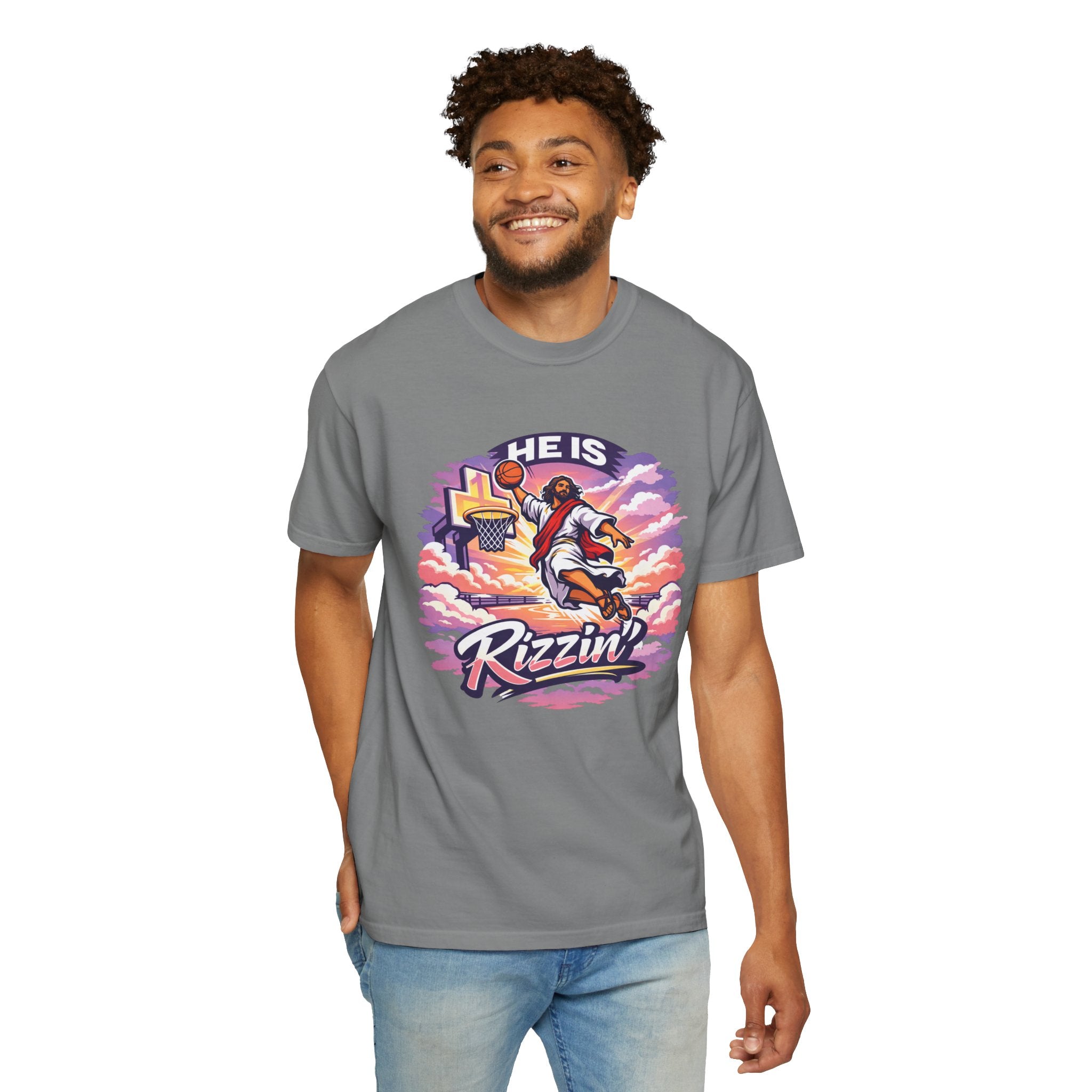 Christian Basketball — "He Is Rizzin'" Resurrection (Easter) -Unisex Comfort Colors