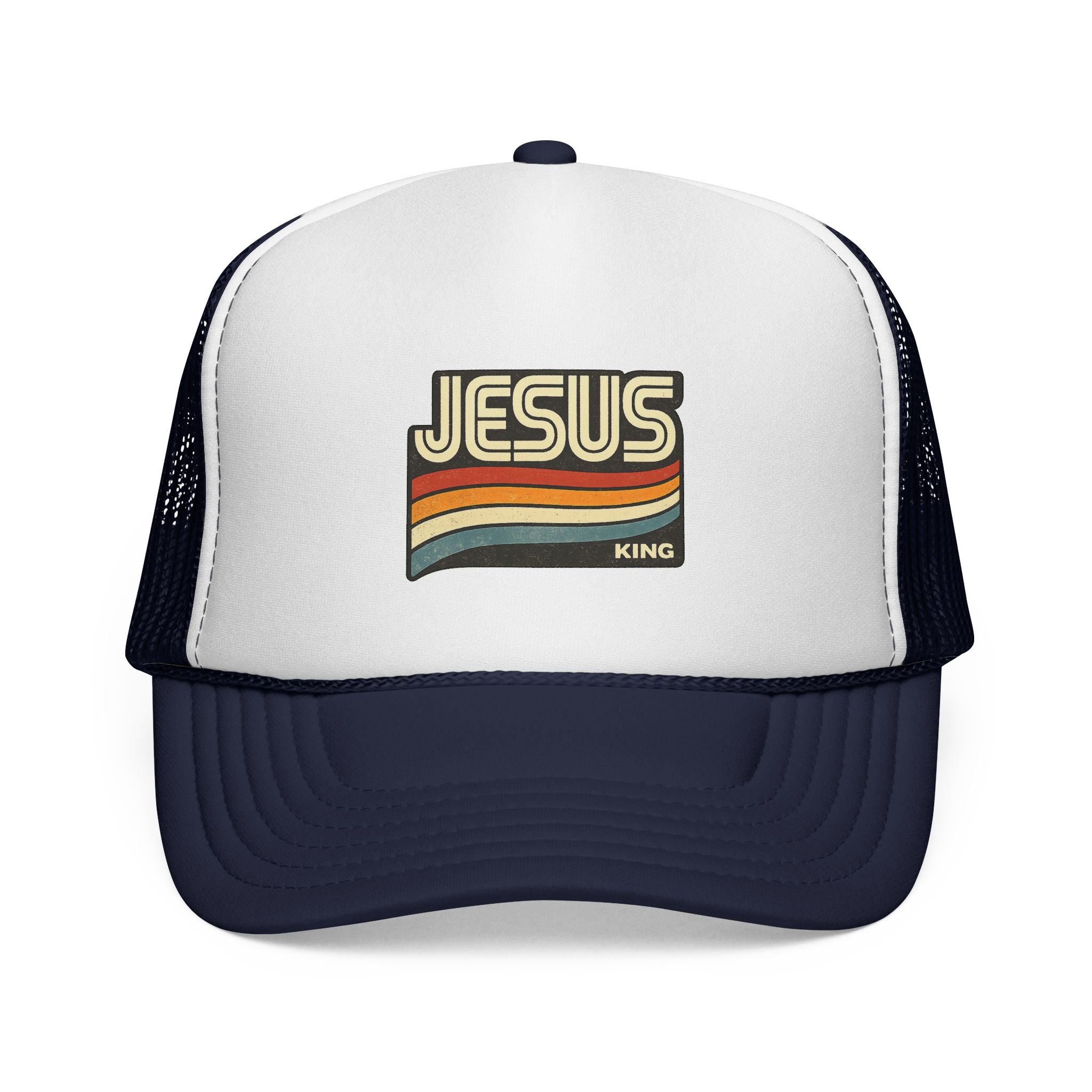 Jesus King Trucker Hat - Retro Rainbow Christian Cap