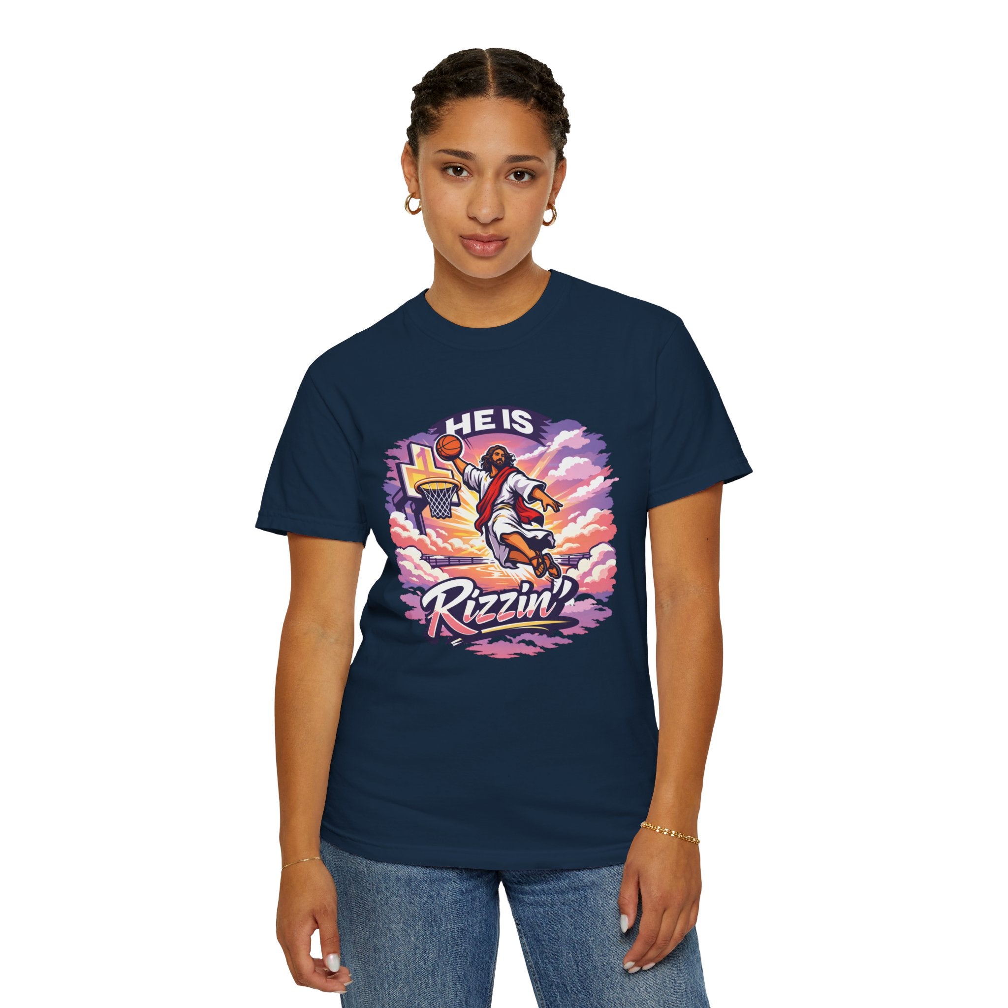 Christian Basketball — "He Is Rizzin'" Resurrection (Easter) -Unisex Comfort Colors