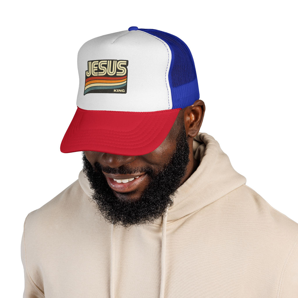 Jesus King Trucker Hat - Retro Rainbow Christian Cap