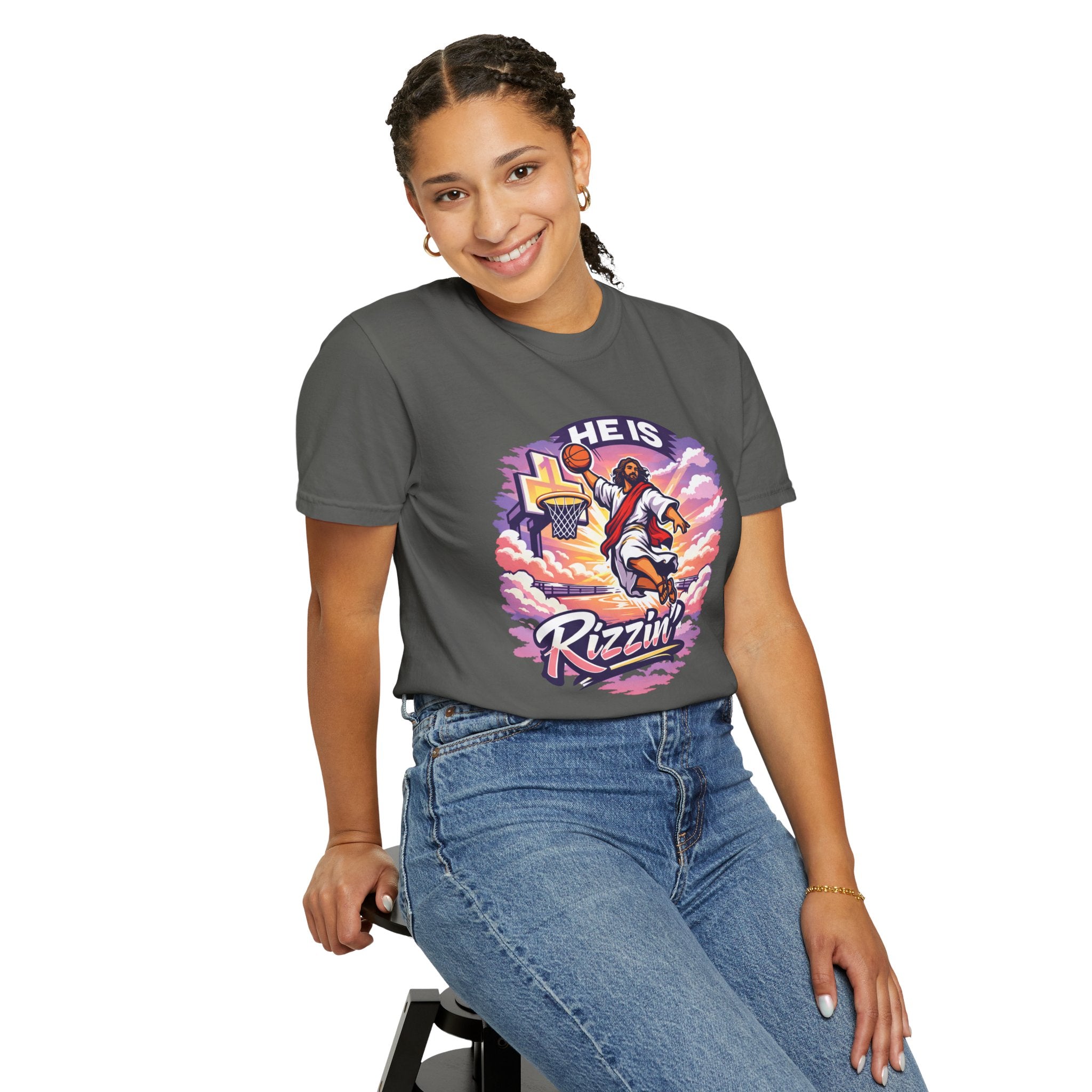 Christian Basketball — "He Is Rizzin'" Resurrection (Easter) -Unisex Comfort Colors