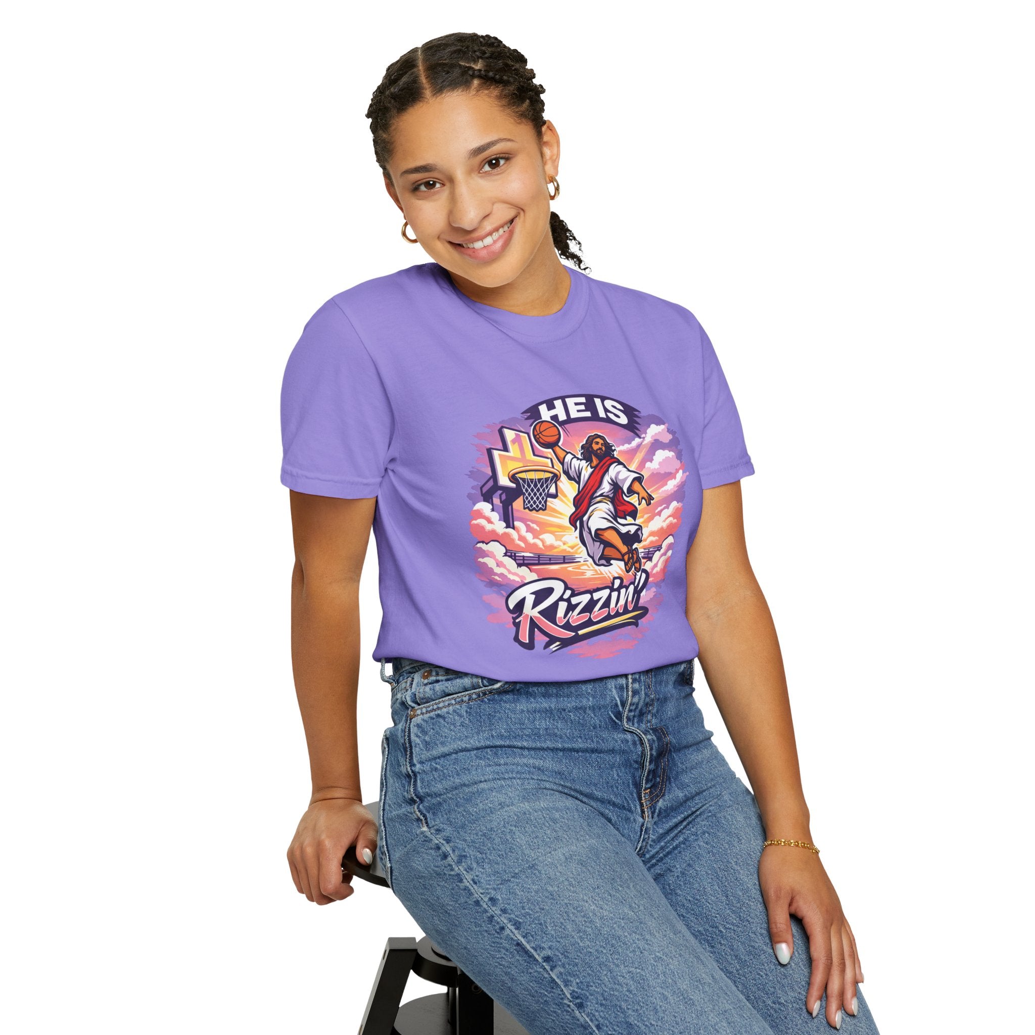 Christian Basketball — "He Is Rizzin'" Resurrection (Easter) -Unisex Comfort Colors