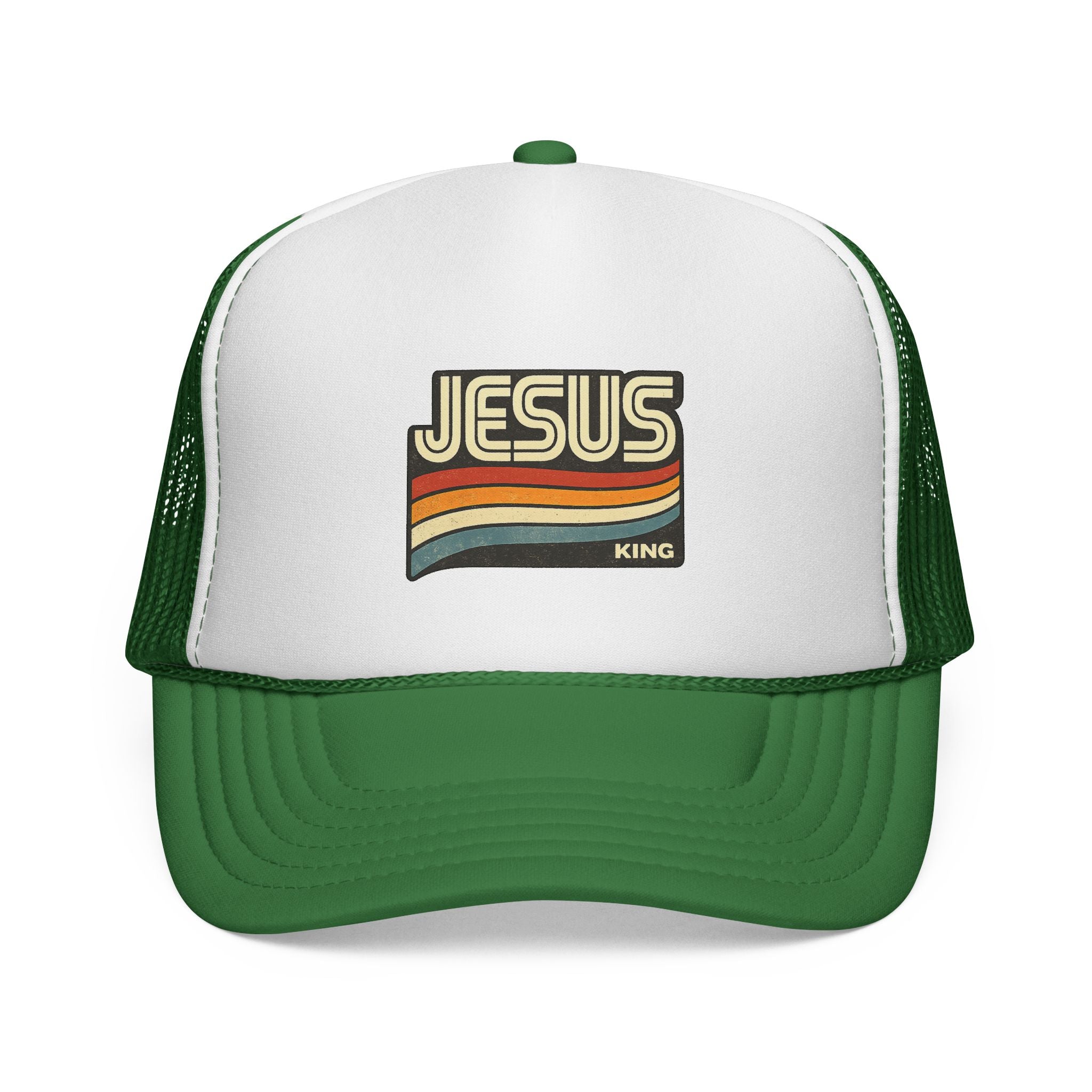 Jesus King Trucker Hat - Retro Rainbow Christian Cap