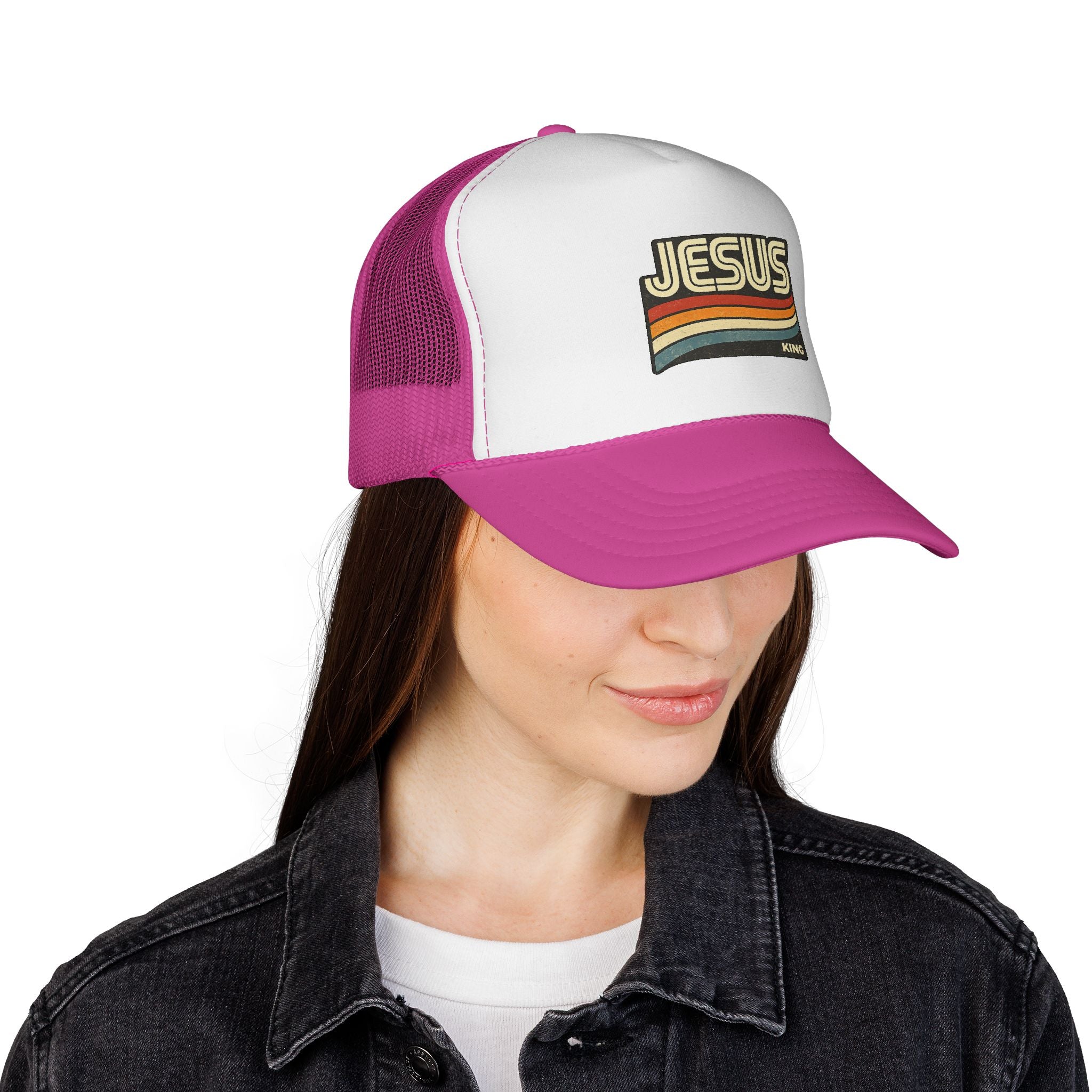 Jesus King Trucker Hat - Retro Rainbow Christian Cap