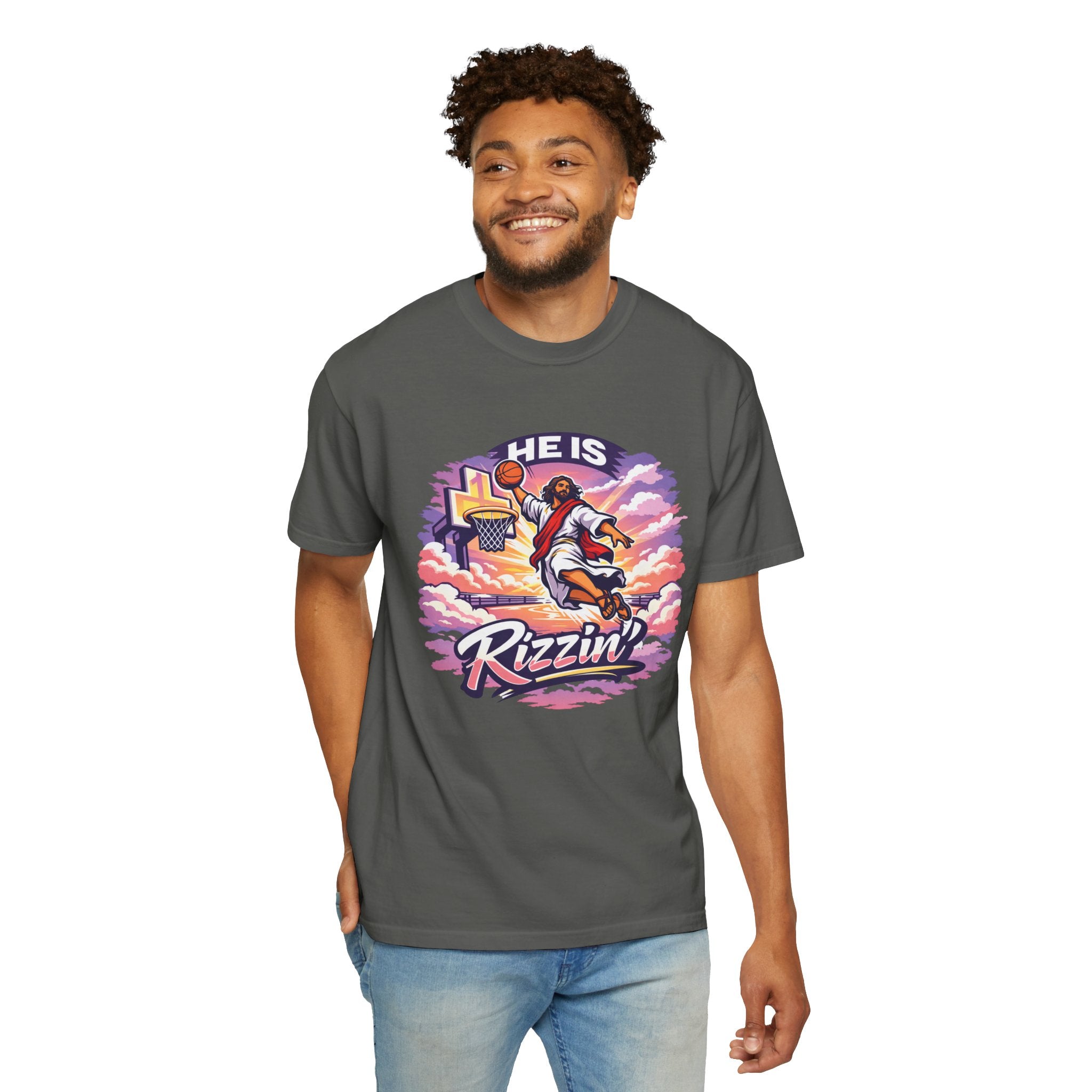 Christian Basketball — "He Is Rizzin'" Resurrection (Easter) -Unisex Comfort Colors