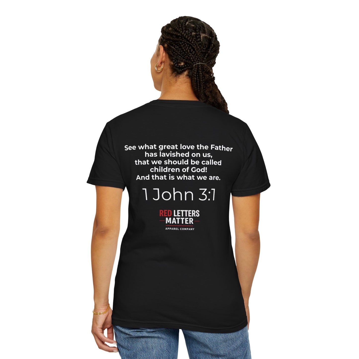 Christian "Red Letters Matter" T-Shirt — "Hello My Name Is..." 1 John 3:1 Scripture Tee