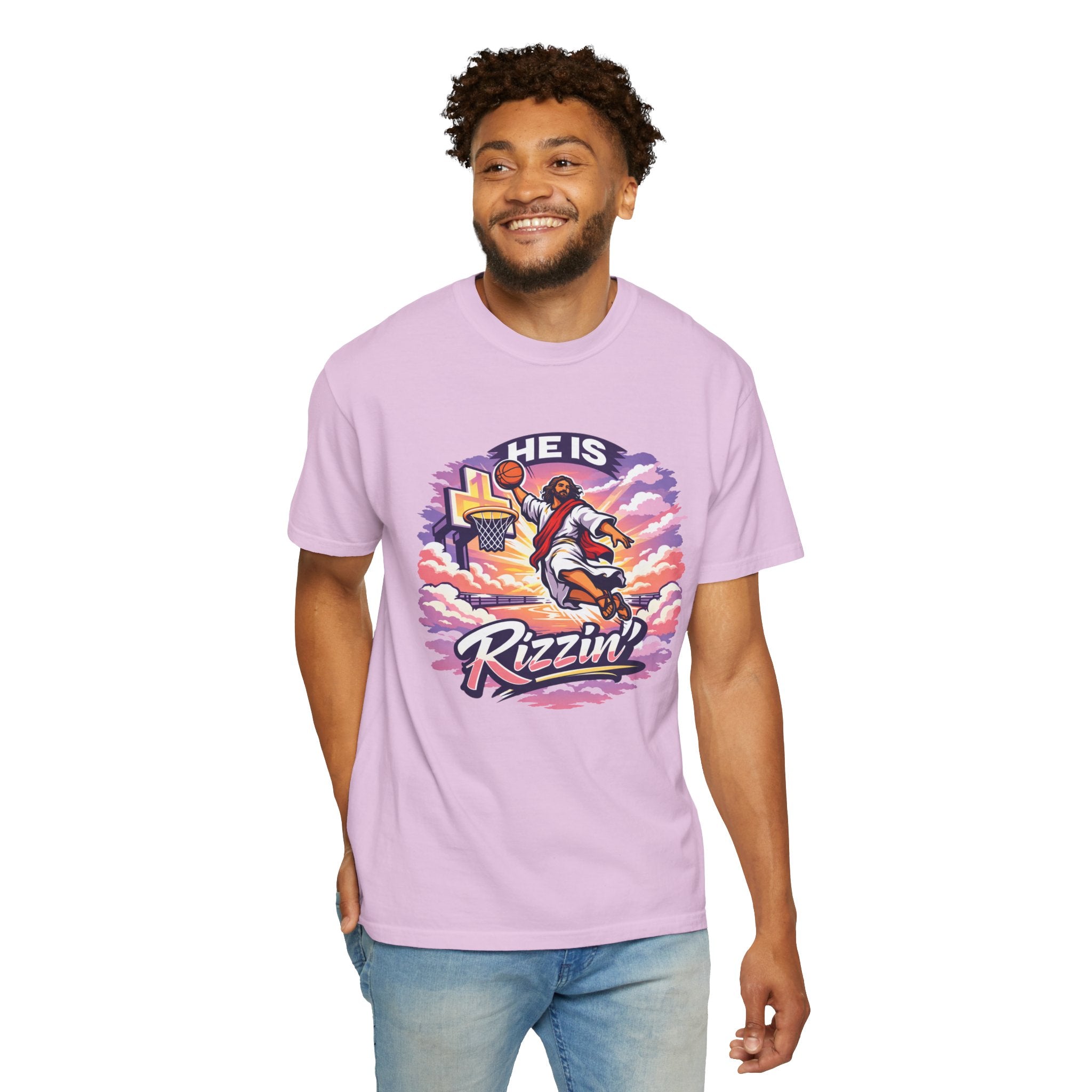 Christian Basketball — "He Is Rizzin'" Resurrection (Easter) -Unisex Comfort Colors