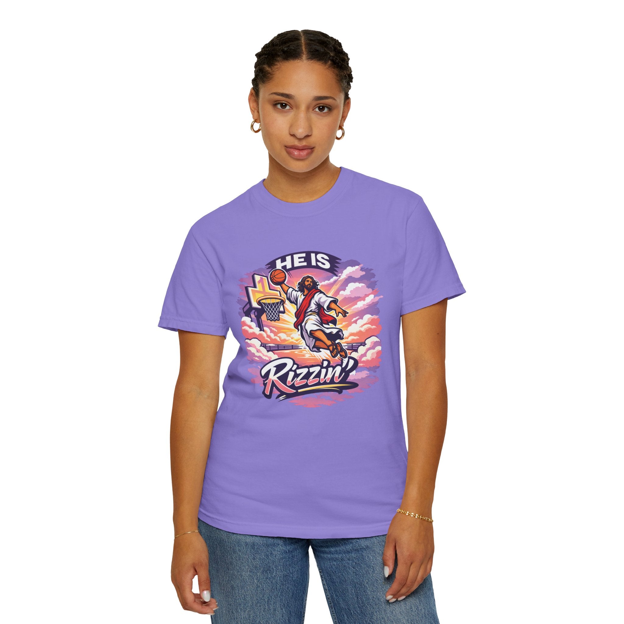 Christian Basketball — "He Is Rizzin'" Resurrection (Easter) -Unisex Comfort Colors