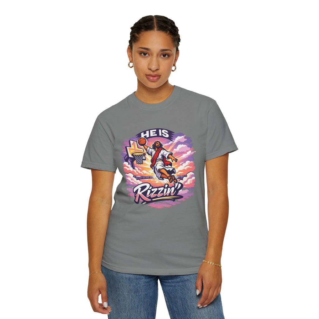 Christian Basketball — "He Is Rizzin'" Resurrection (Easter) -Unisex Comfort Colors