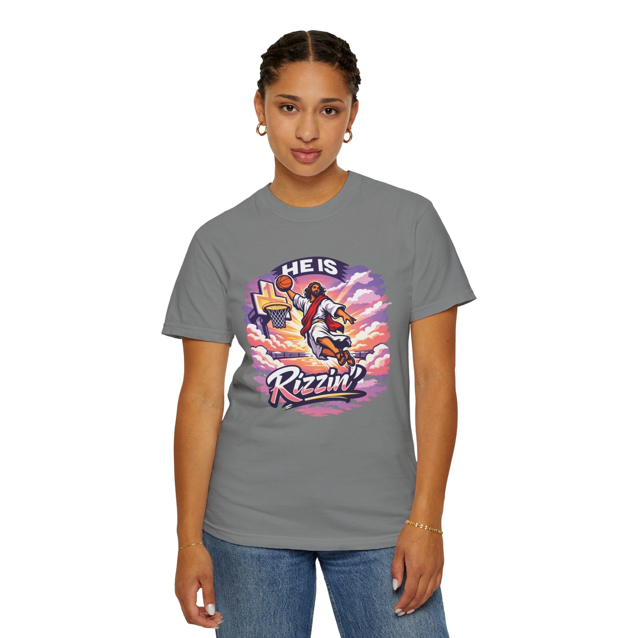 Christian Basketball — "He Is Rizzin'" Resurrection (Easter) -Unisex Comfort Colors