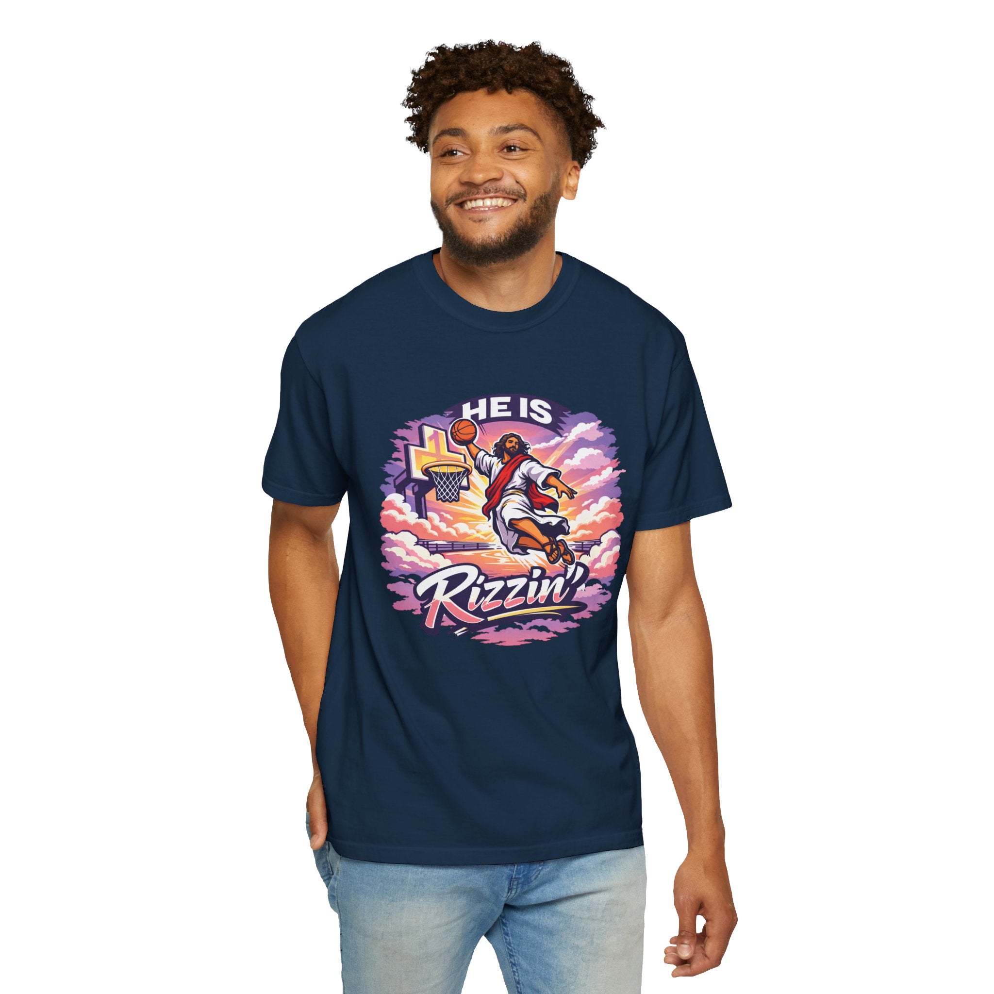Christian Basketball — "He Is Rizzin'" Resurrection (Easter) -Unisex Comfort Colors