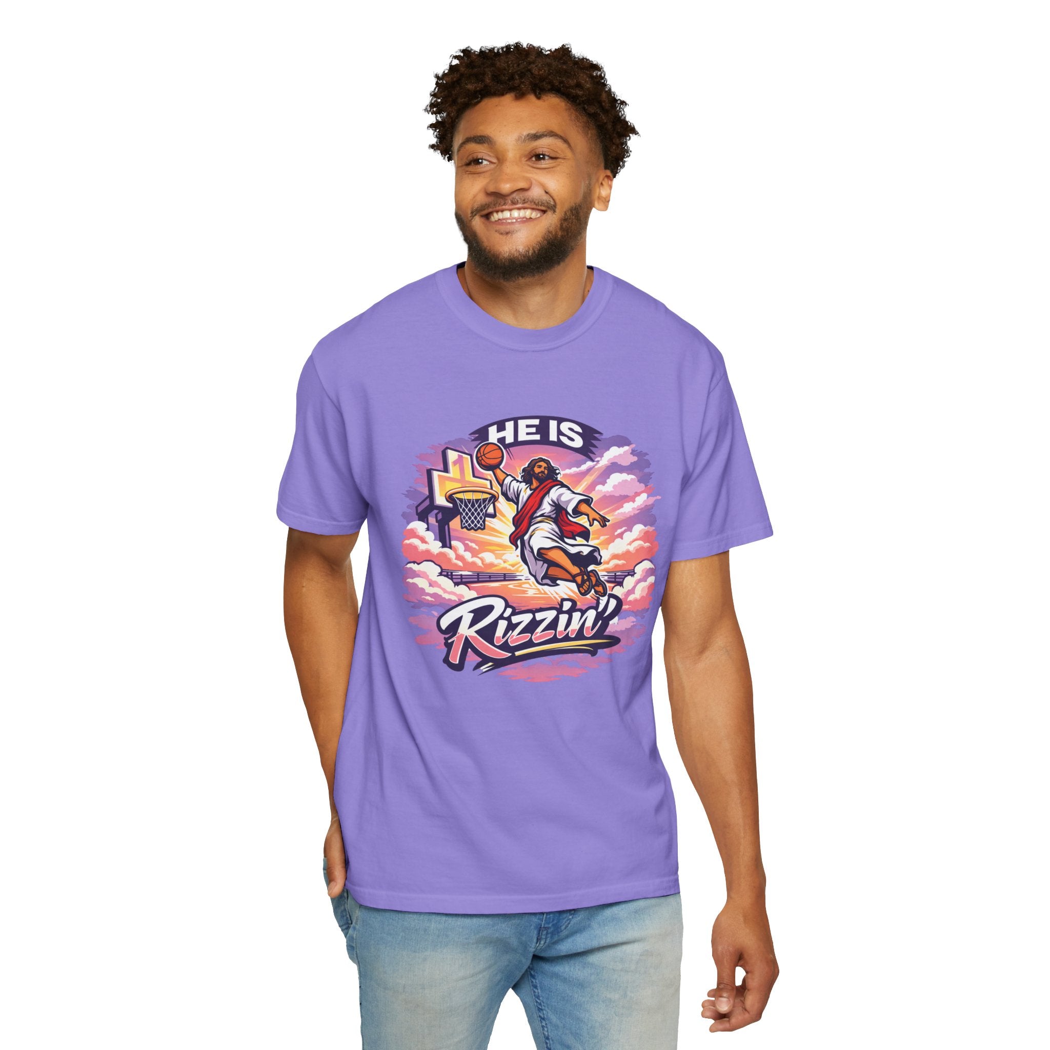 Christian Basketball — "He Is Rizzin'" Resurrection (Easter) -Unisex Comfort Colors