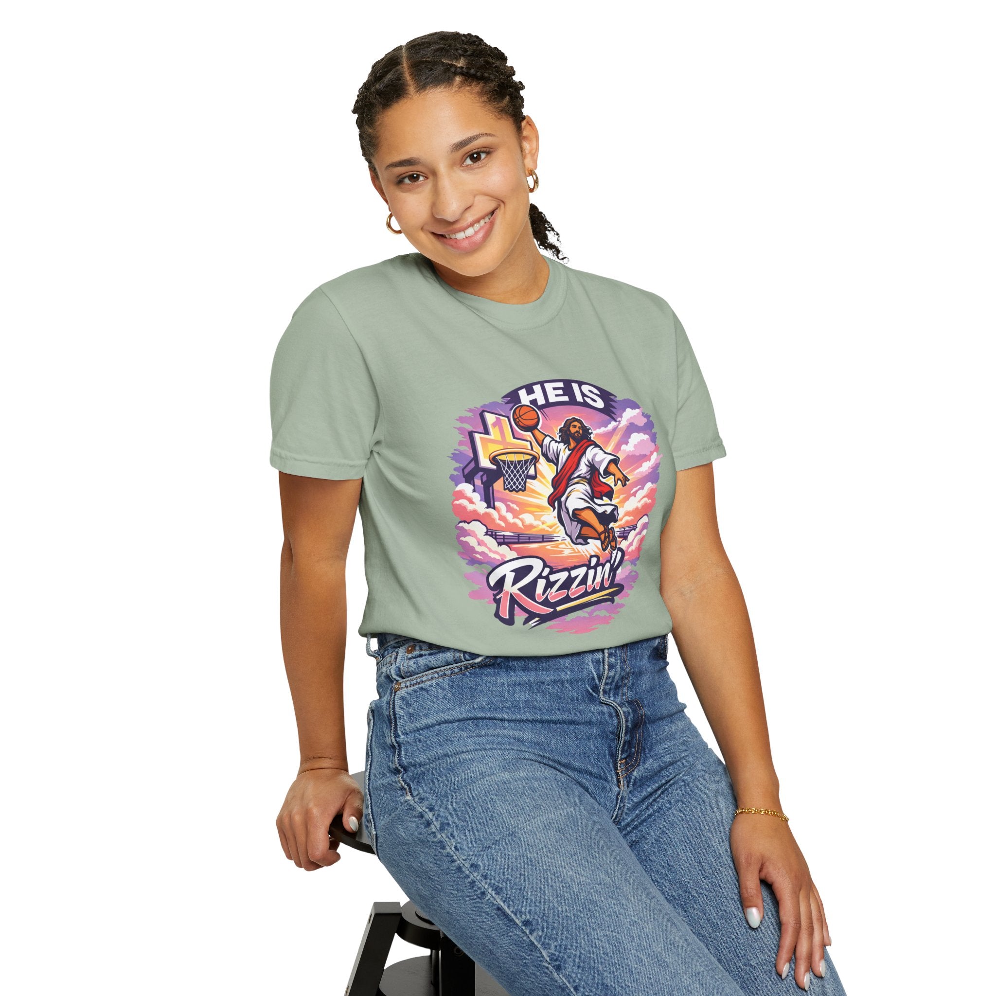 Christian Basketball — "He Is Rizzin'" Resurrection (Easter) -Unisex Comfort Colors