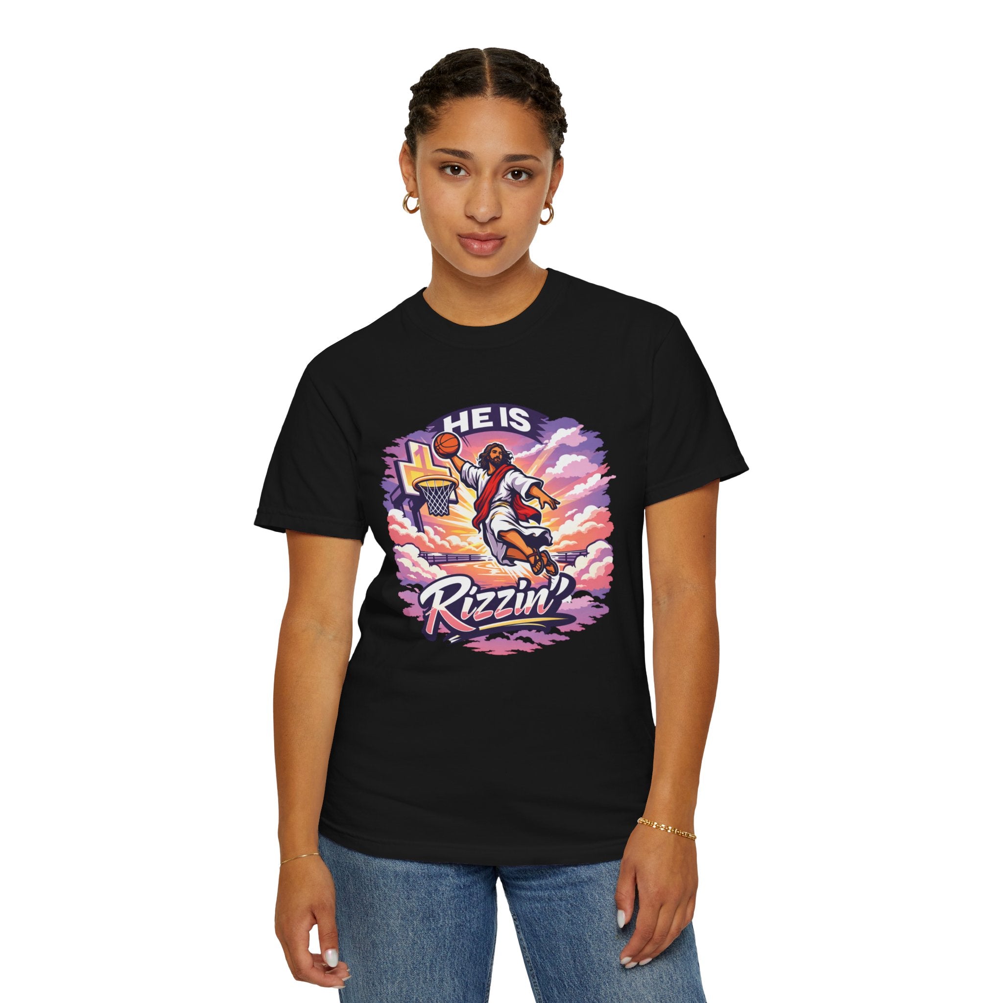 Christian Basketball — "He Is Rizzin'" Resurrection (Easter) -Unisex Comfort Colors