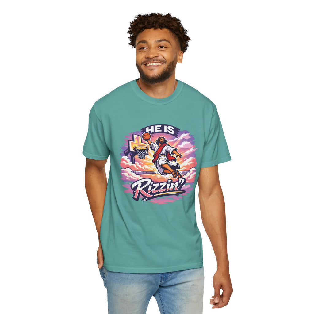 Christian Basketball — "He Is Rizzin'" Resurrection (Easter) -Unisex Comfort Colors