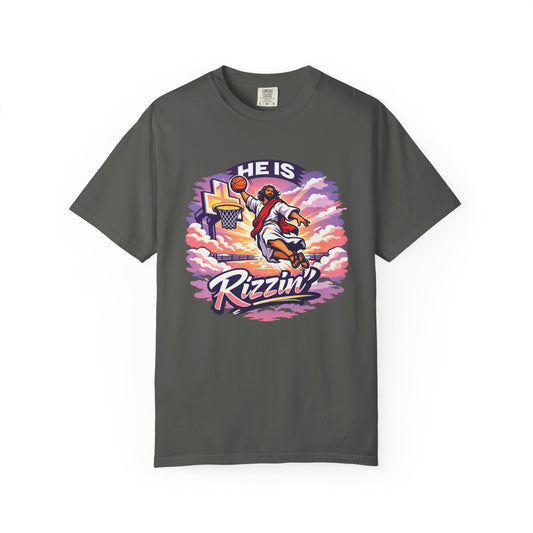 Christian Basketball T-Shirt — "He Is Rizzin'" Resurrection Graphic