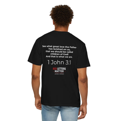Christian "Red Letters Matter" T-Shirt — "Hello My Name Is..." 1 John 3:1 Scripture Tee