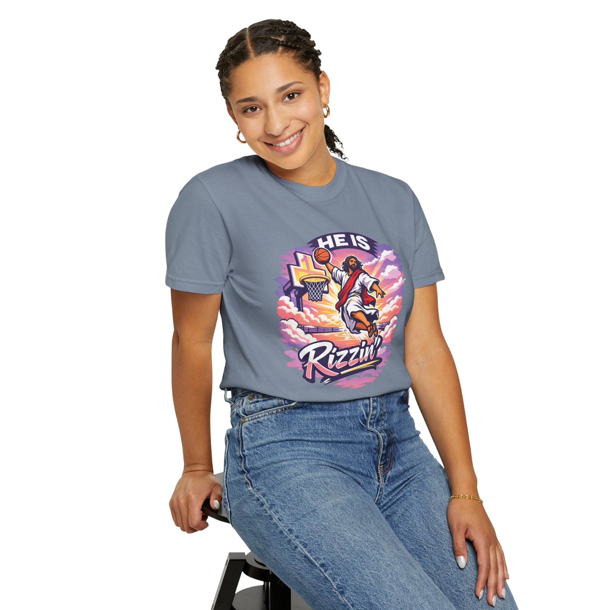 Christian Basketball — "He Is Rizzin'" Resurrection (Easter) -Unisex Comfort Colors