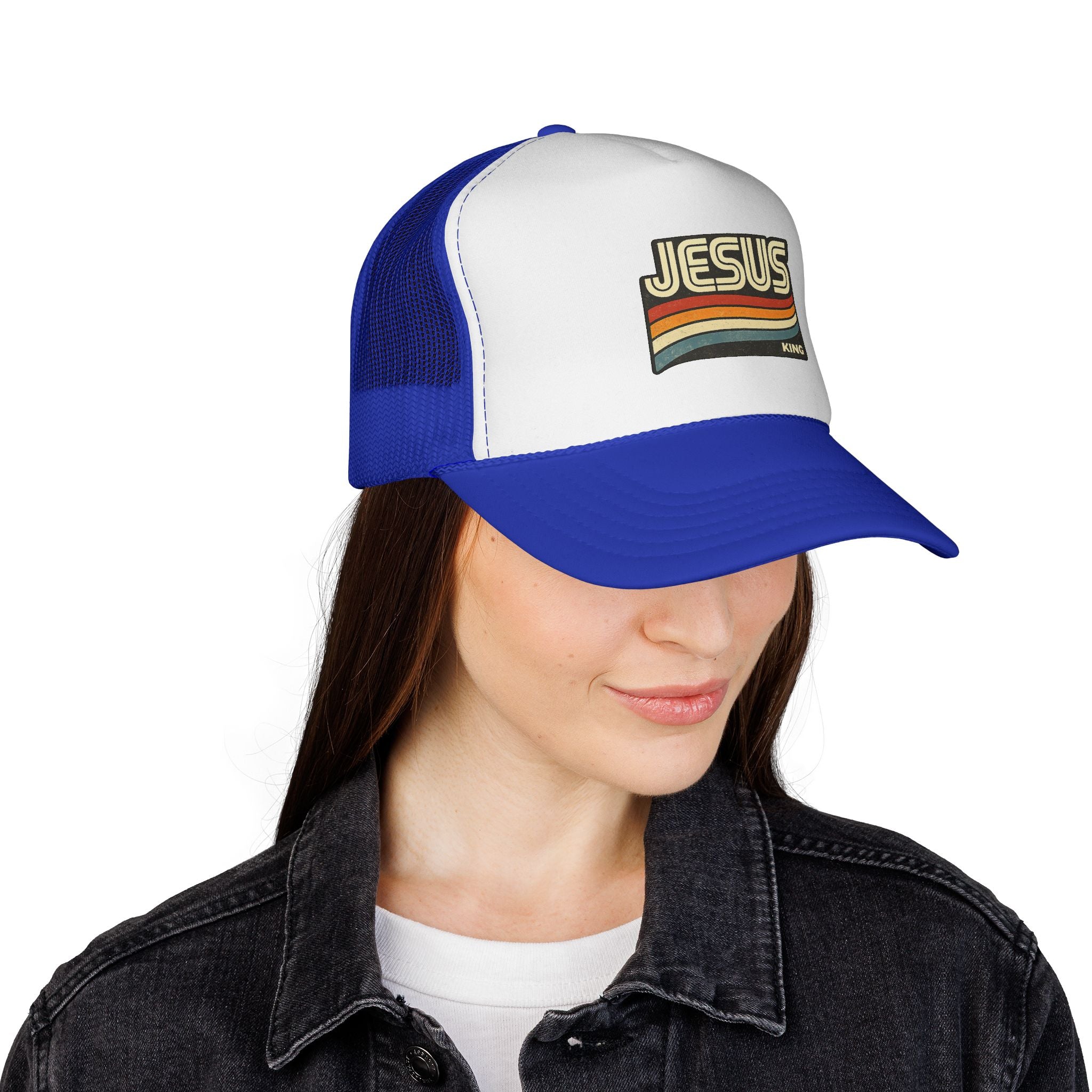 Jesus King Trucker Hat - Retro Rainbow Christian Cap