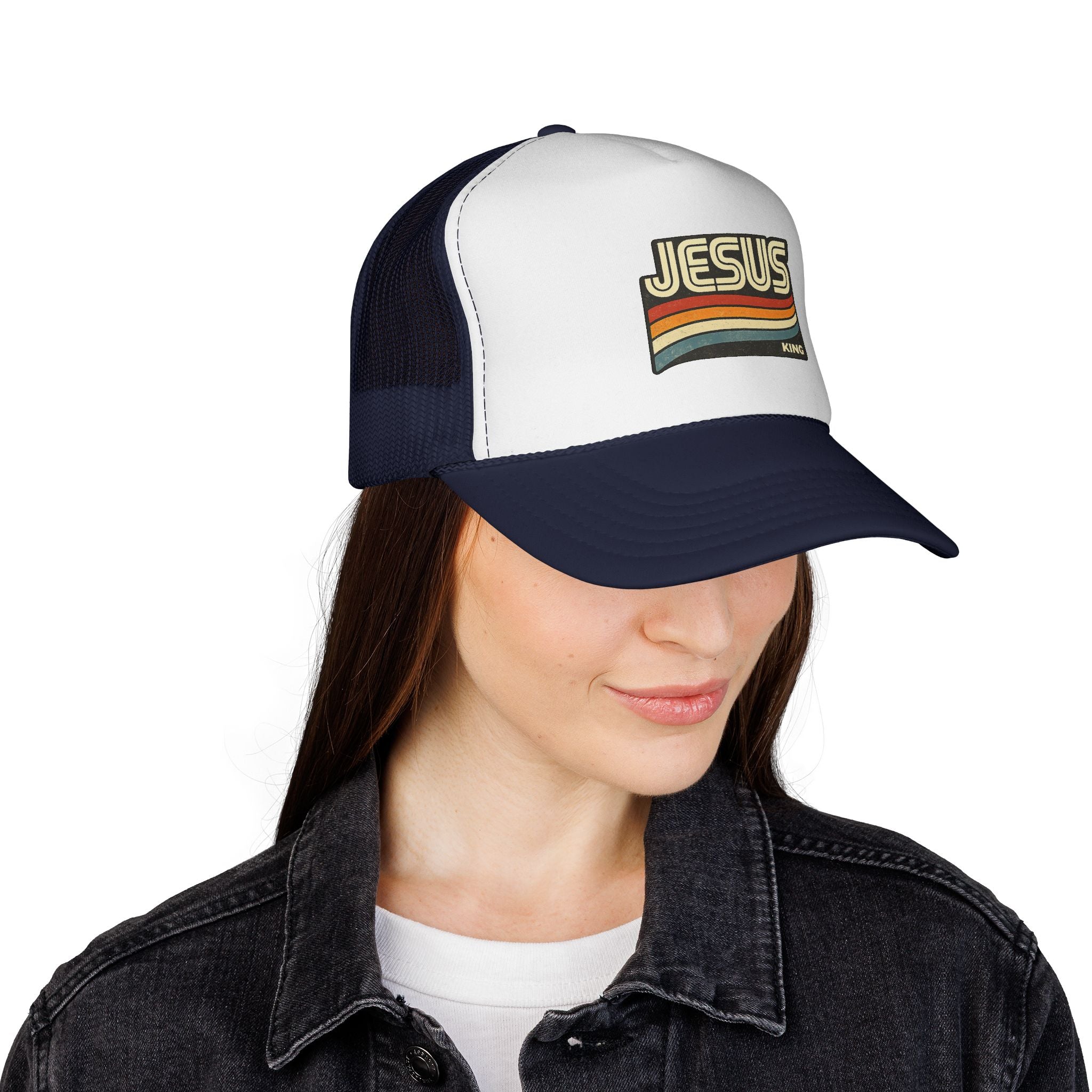 Jesus King Trucker Hat - Retro Rainbow Christian Cap