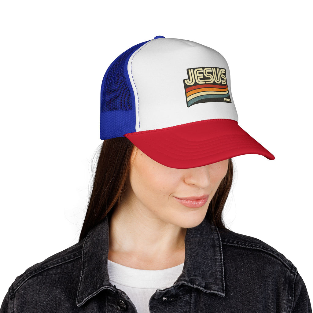 Jesus King Trucker Hat - Retro Rainbow Christian Cap