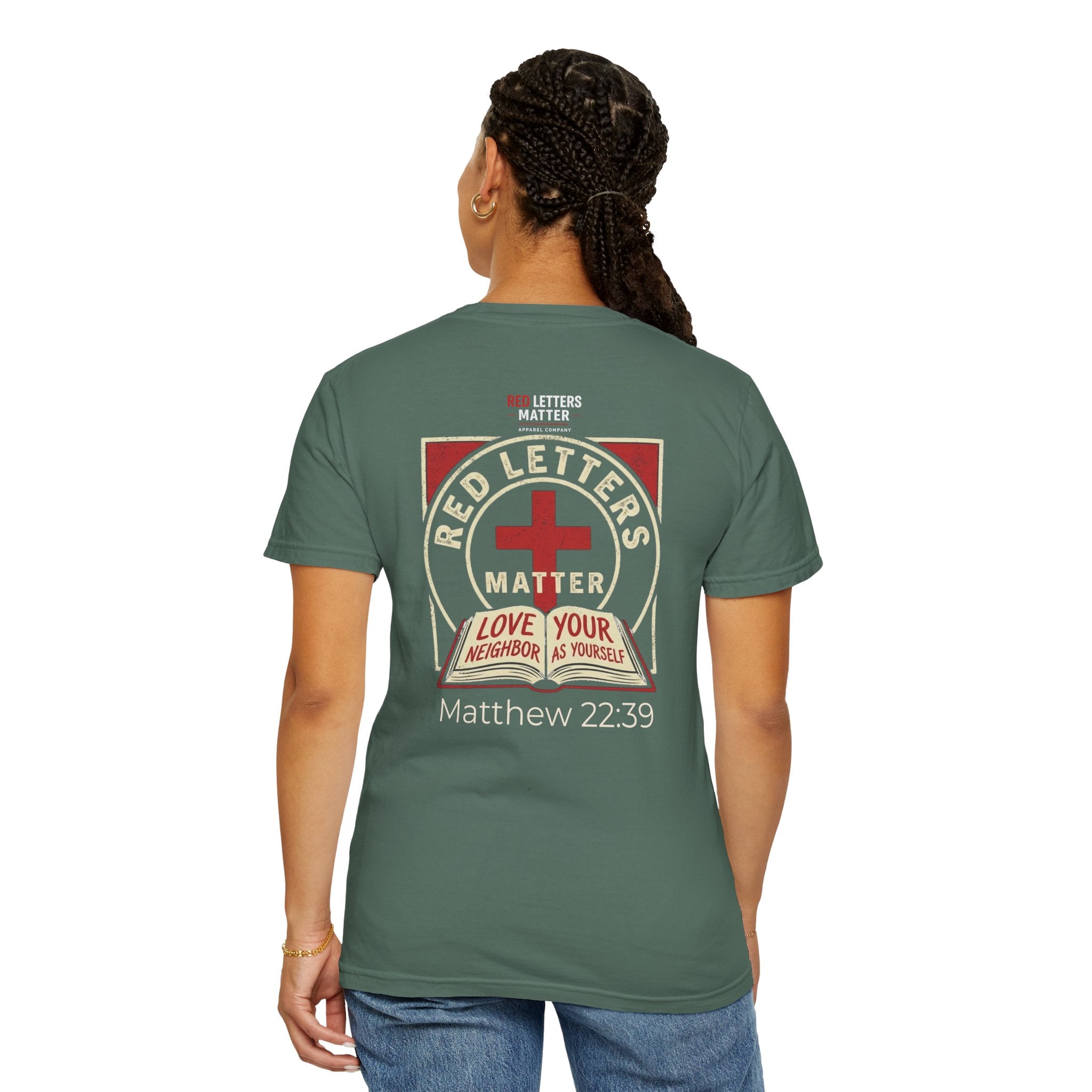 Unisex - Red Letters Matter T‑Shirt — Matthew 22:39 Christian Faith - Comfort Colors Tee