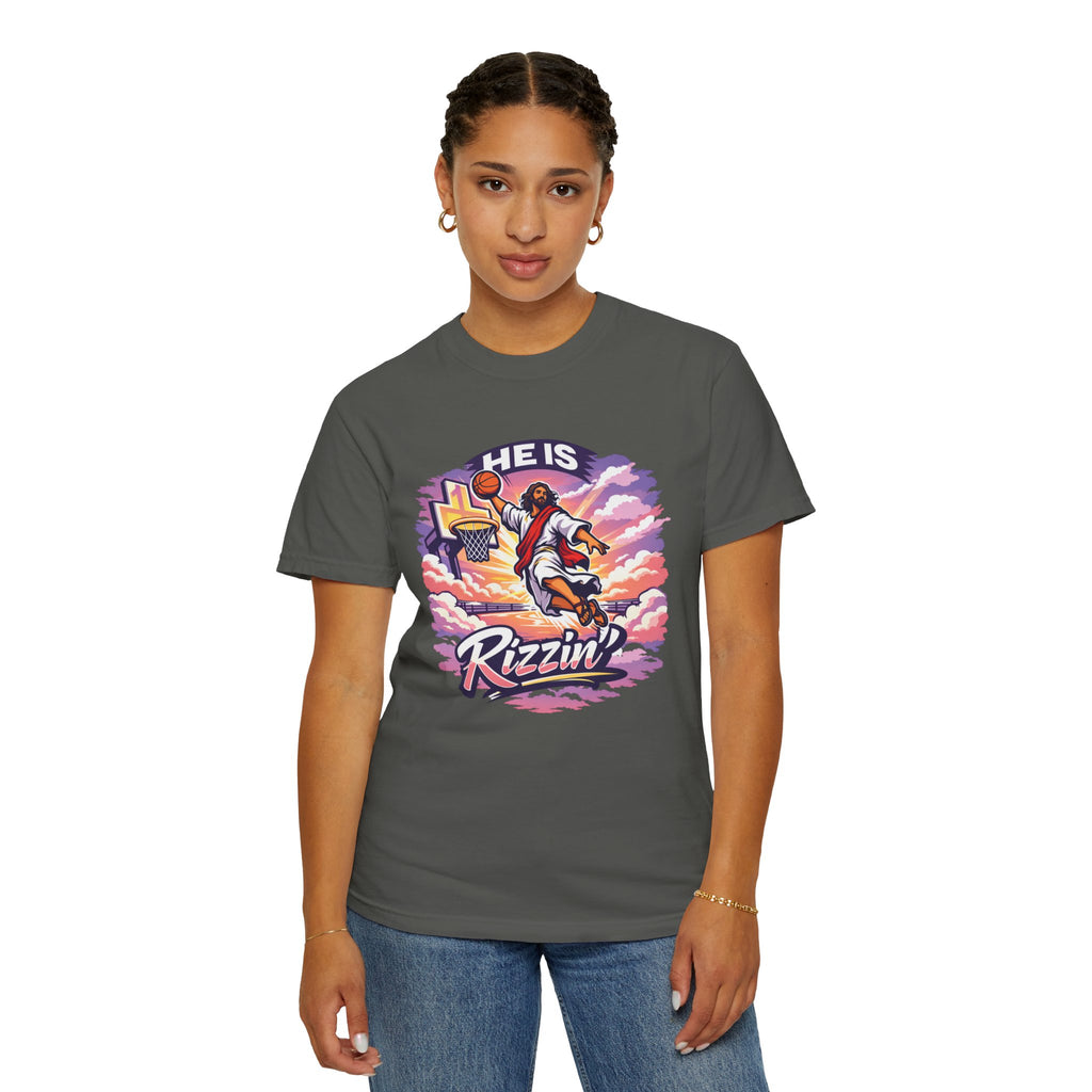 Christian Basketball — "He Is Rizzin'" Resurrection (Easter) -Unisex Comfort Colors